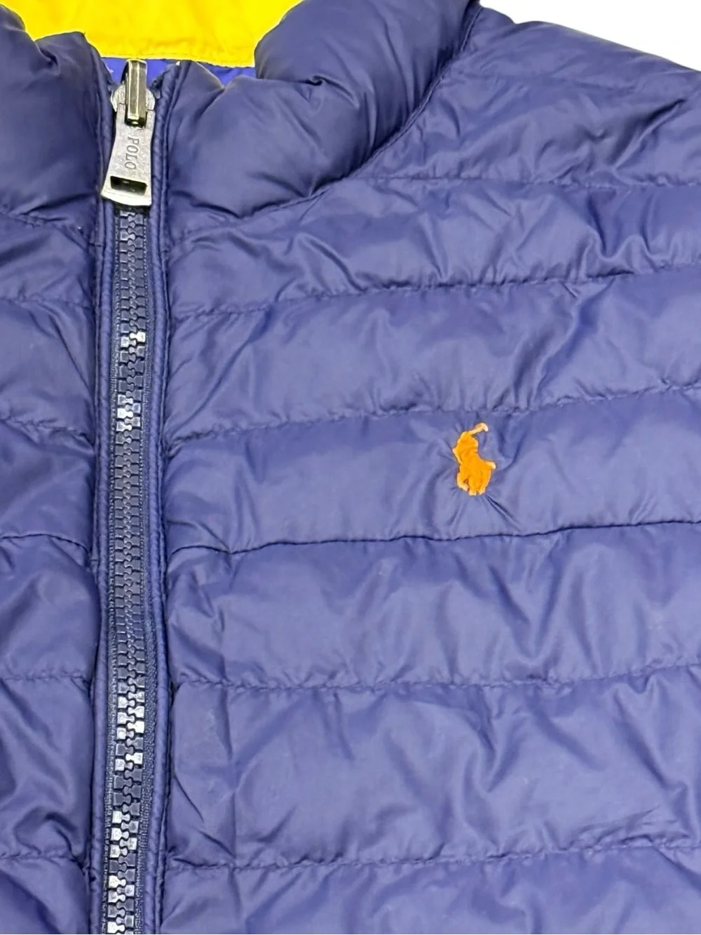 Boys Polo Ralph Lauren Reversible Puffer Jacket Navy Orange Yellow Pony Size 7
